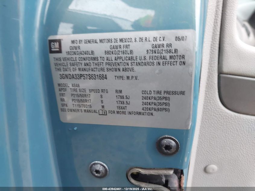 2007 Chevrolet Hhr Lt VIN: 3GNDA33P575631684 Lot: 43942461