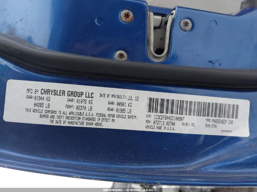 2013 Dodge Dart Sxt VIN: 1C3CDFBA4DD100907 Lot: 43942462