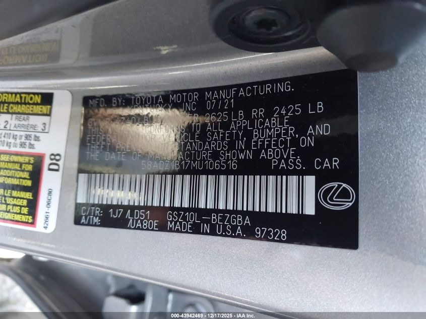 2021 Lexus Es 350 VIN: 58ADZ1B17MU106516 Lot: 43942469