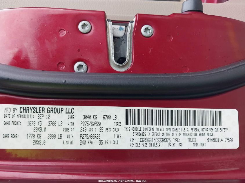 2012 Ram 1500 Slt VIN: 1C6RD6GT5CS330375 Lot: 43942475