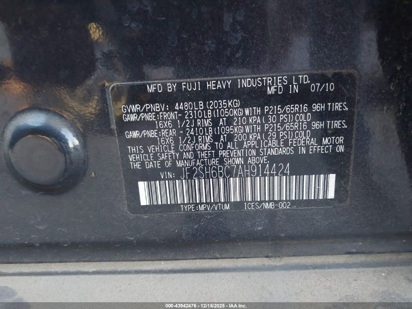 2010 Subaru Forester 2.5X VIN: JF2SH6BC7AH914424 Lot: 43942476