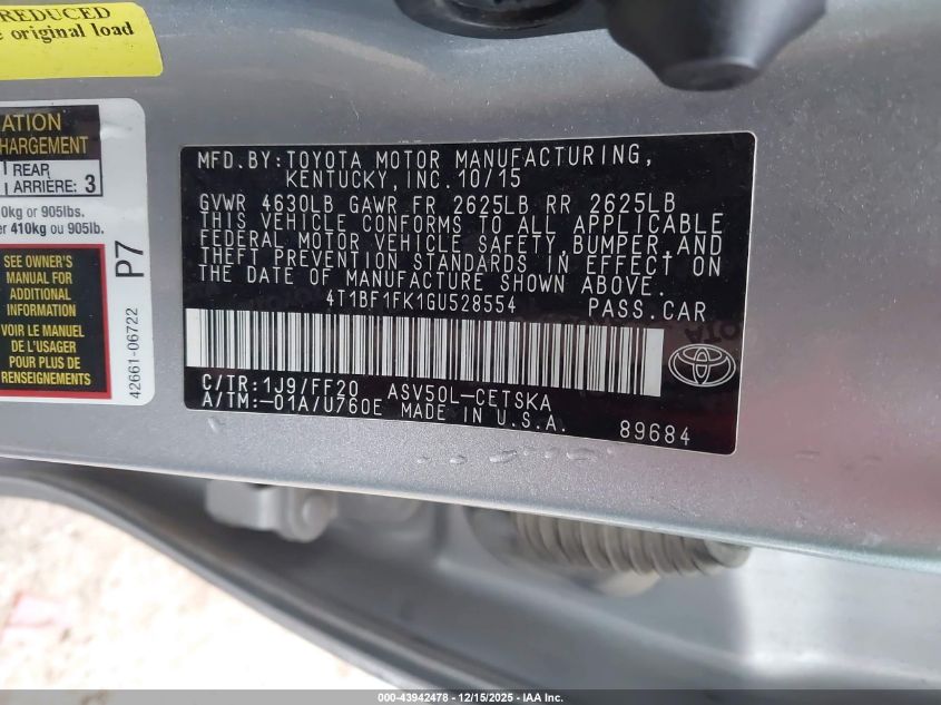 2016 Toyota Camry Se VIN: 4T1BF1FK1GU528554 Lot: 43942478