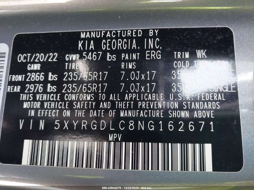2022 Kia Sorento Lx VIN: 5XYRGDLC8NG162671 Lot: 43942479