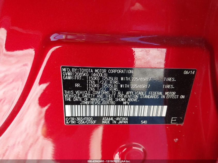 2014 Toyota Rav4 Le VIN: JTMBFREV5EJ009780 Lot: 43942480