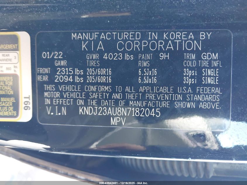 2022 Kia Soul Lx VIN: KNDJ23AU8N7182045 Lot: 43942481