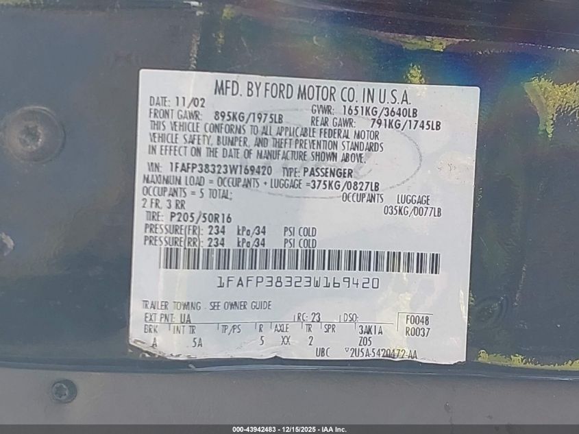 2003 Ford Focus Zts VIN: 1FAFP38323W169420 Lot: 43942483