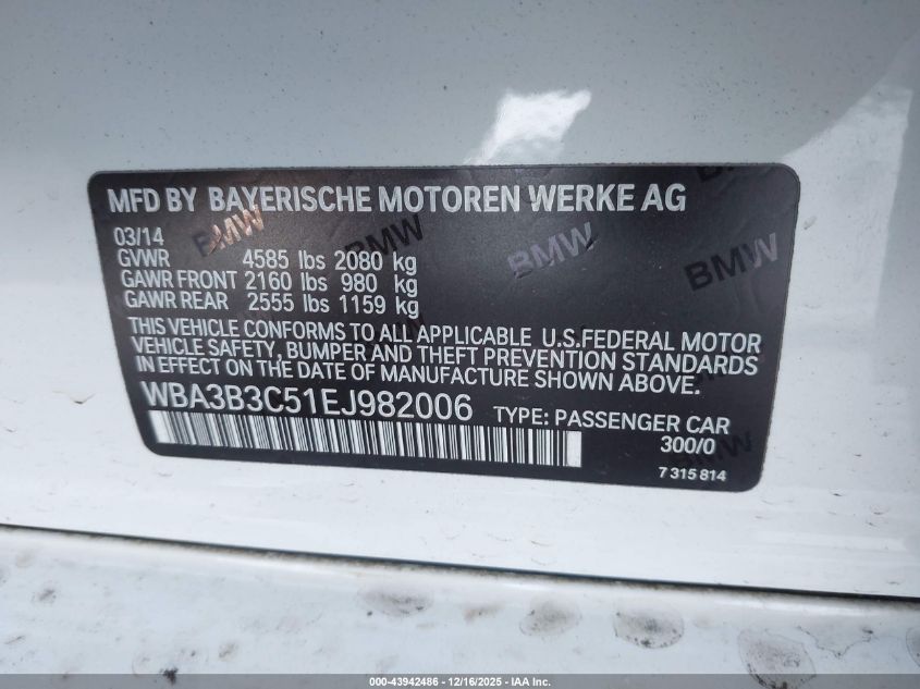 2014 BMW 328I xDrive VIN: WBA3B3C51EJ982006 Lot: 43942486