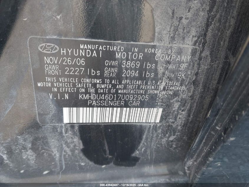 2007 Hyundai Elantra Gls/Limited/Se VIN: KMHDU46D17U092905 Lot: 43942487