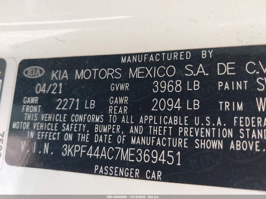 2021 Kia Forte Gt VIN: 3KPF44AC7ME369451 Lot: 43942488