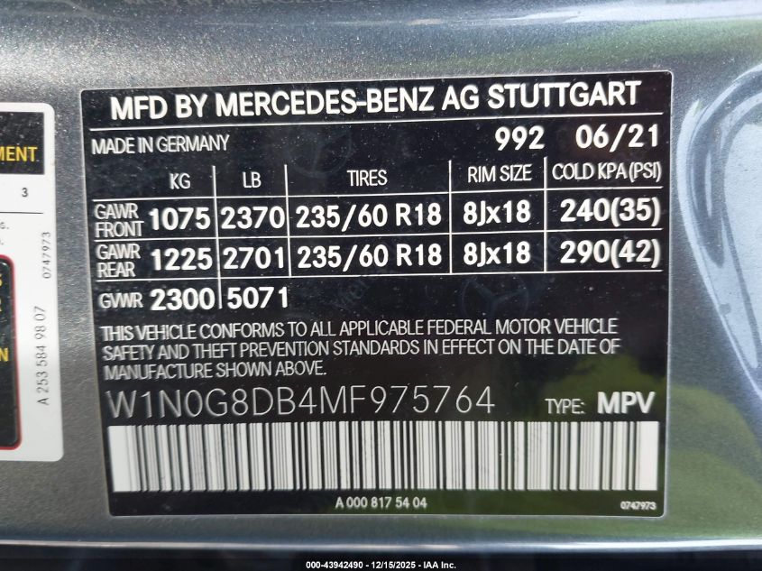 2021 Mercedes-Benz Glc 300 Suv VIN: W1N0G8DB4MF975764 Lot: 43942490