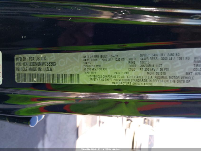 2021 Jeep Wrangler Unlimited 80Th Anniversary 4X4 VIN: 1C4HJXDN0MW738303 Lot: 43942494