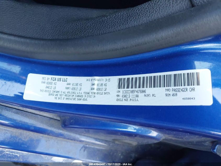 2015 Chrysler 200 Limited VIN: 1C3CCCAB5FN676806 Lot: 43942497