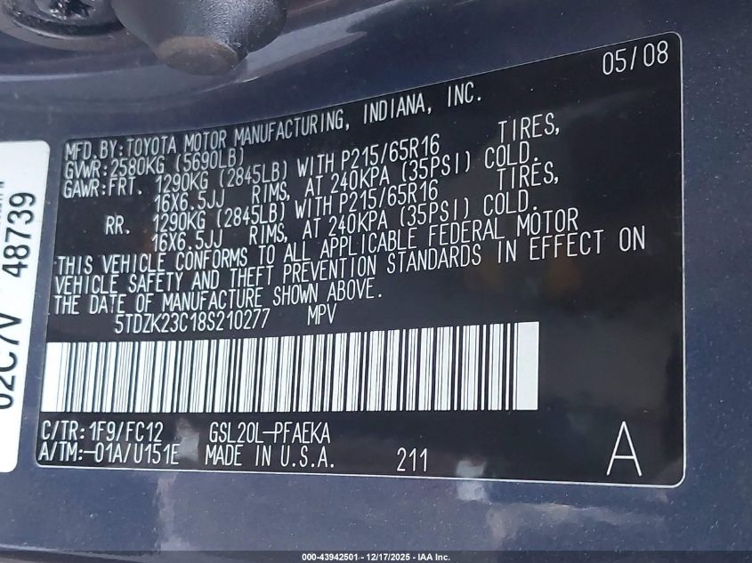 2008 Toyota Sienna Le VIN: 5TDZK23C18S210277 Lot: 43942501