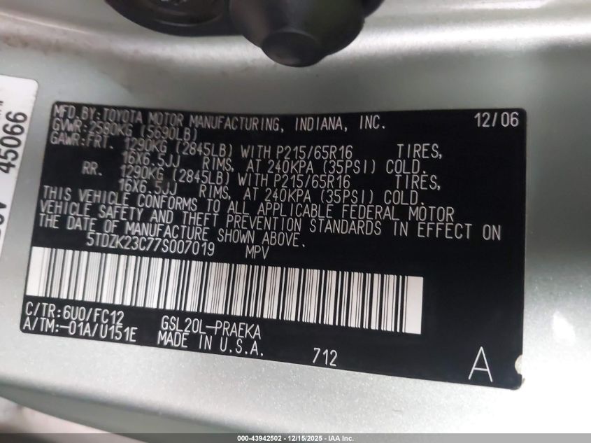 2007 Toyota Sienna Le VIN: 5TDZK23C77S007019 Lot: 43942502