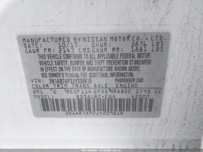 2018 Nissan Sentra S VIN: 3N1AB7AP2JY209818 Lot: 43942500