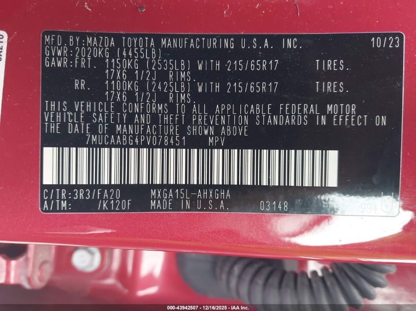 2023 Toyota Corolla Cross Le VIN: 7MUCAABG4PV078451 Lot: 43942507