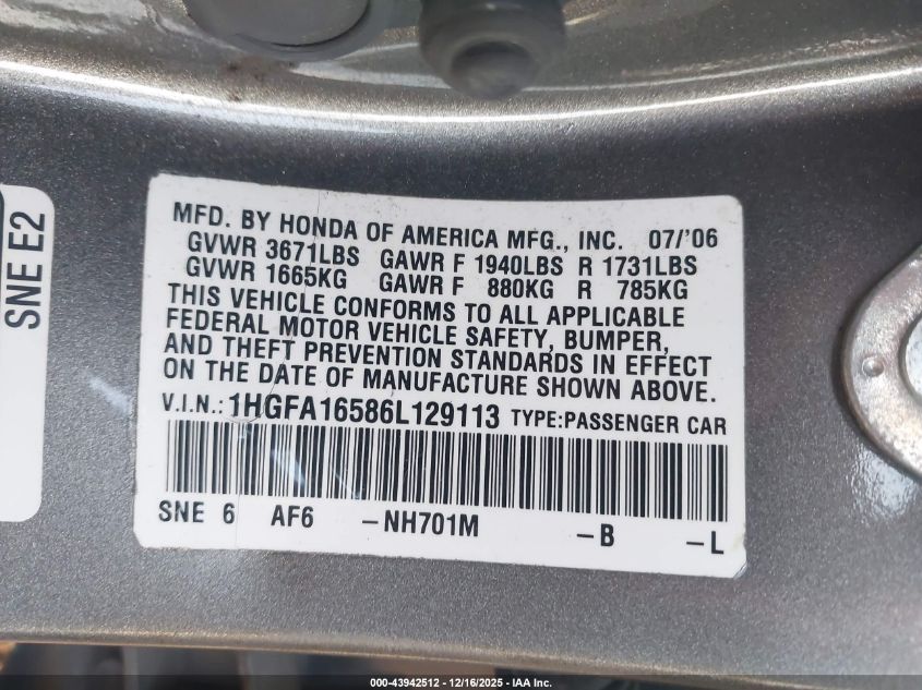 2006 Honda Civic Lx VIN: 1HGFA16586L129113 Lot: 43942512