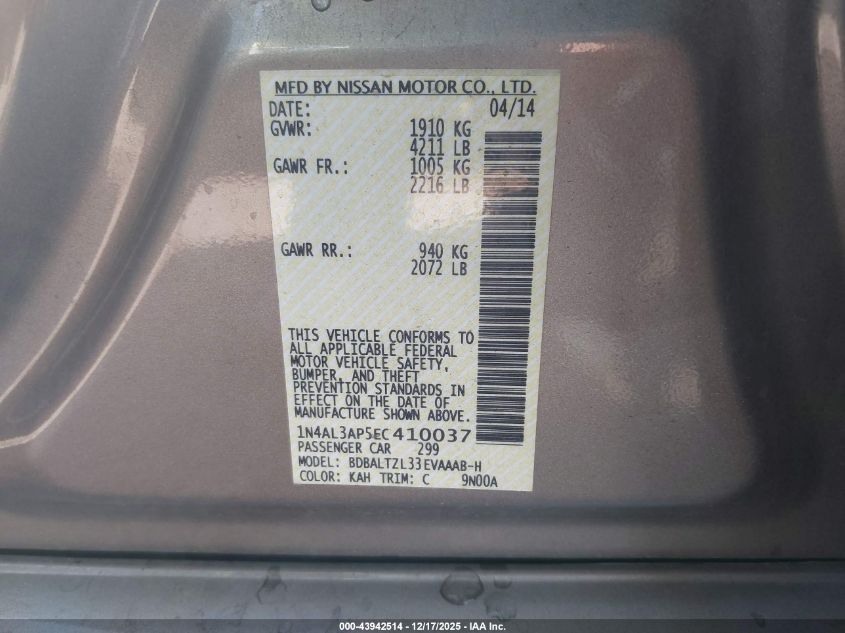 2014 Nissan Altima 2.5 Sv VIN: 1N4AL3AP5EC410037 Lot: 43942514