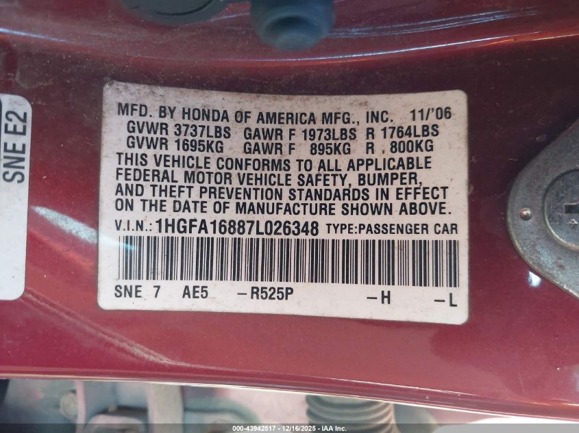 2007 Honda Civic Ex VIN: 1HGFA16887L026348 Lot: 43942517