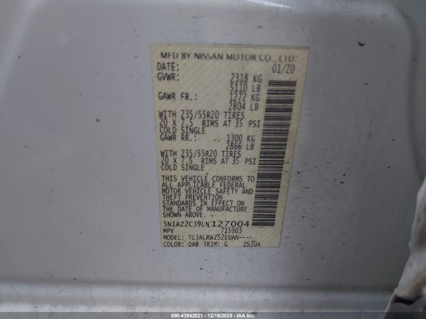 2020 Nissan Murano Sl Fwd VIN: 5N1AZ2CJ9LN127004 Lot: 43942521