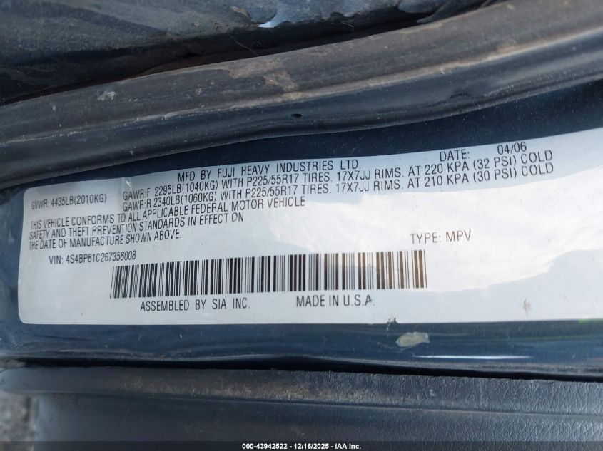 2006 Subaru Outback 2.5I VIN: 4S4BP61C267356008 Lot: 43942522