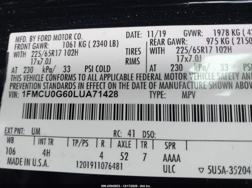 2020 Ford Escape Se VIN: 1FMCU0G60LUA71428 Lot: 43942523