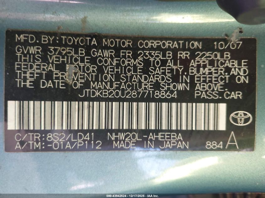 2008 Toyota Prius VIN: JTDKB20U287718864 Lot: 43942524