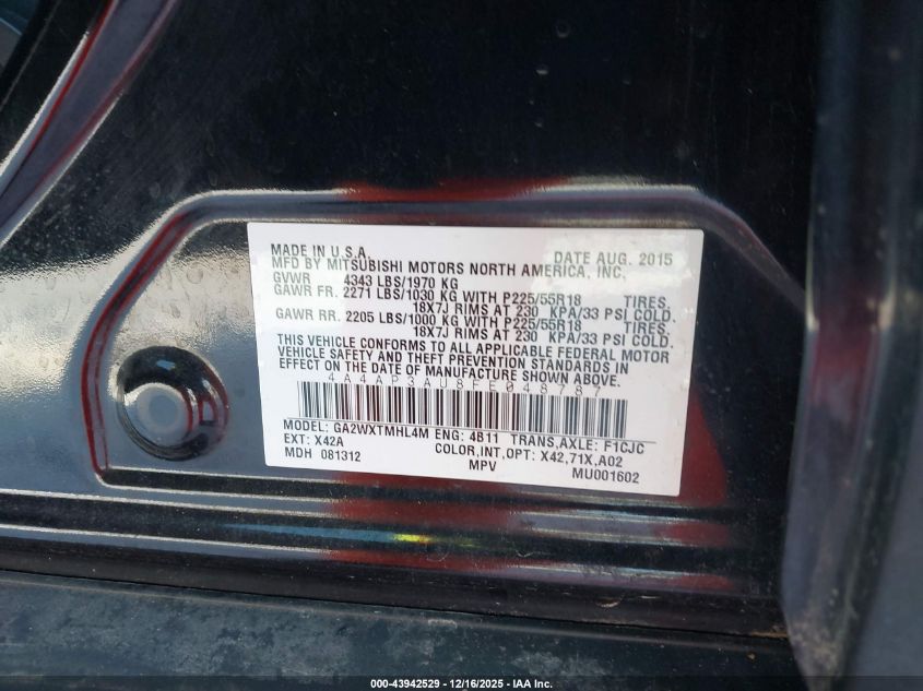 2015 Mitsubishi Outlander Sport Es VIN: 4A4AP3AU8FE048787 Lot: 43942529