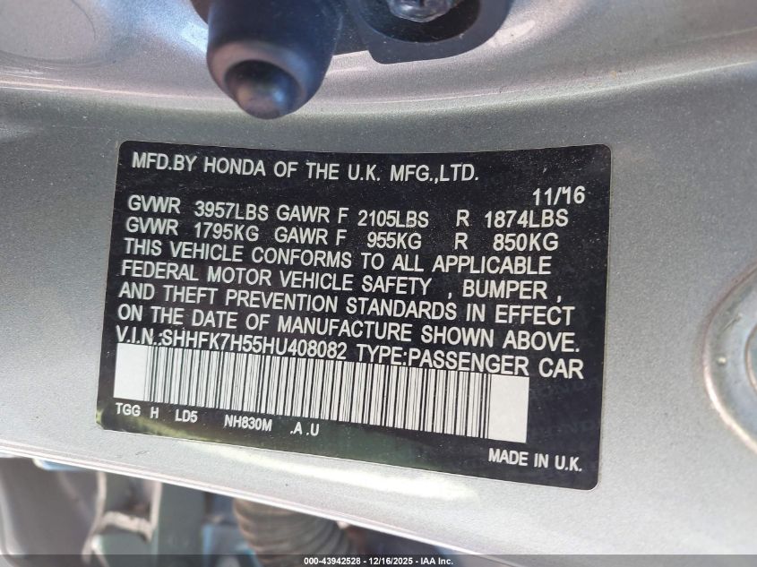 2017 Honda Civic Ex VIN: SHHFK7H55HU408082 Lot: 43942528