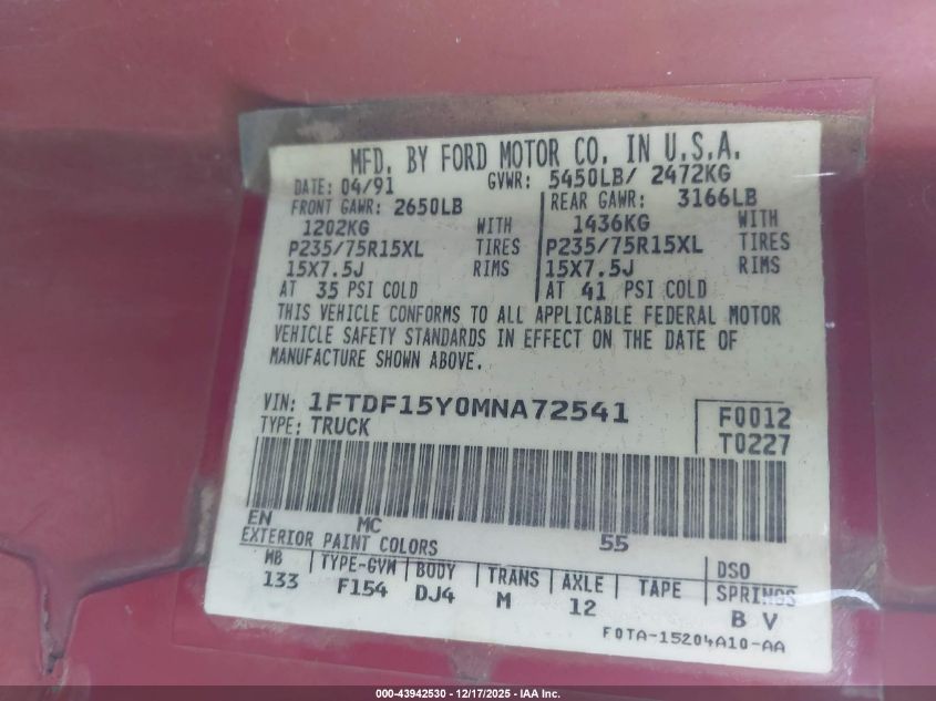 1991 Ford F150 VIN: 1FTDF15Y0MNA72541 Lot: 43942530