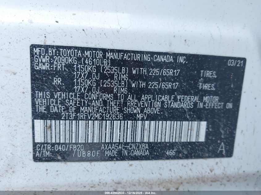 2021 Toyota Rav4 Le VIN: 2T3F1RFV2MC192636 Lot: 43942533