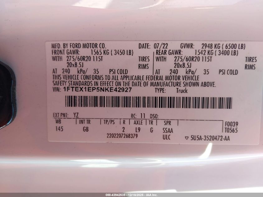 2022 Ford F-150 Xl VIN: 1FTEX1EP5NKE42927 Lot: 43942535