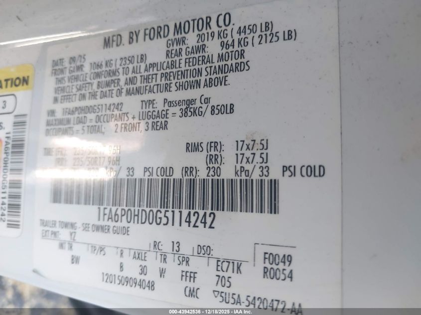 2016 Ford Fusion Se VIN: 1FA6P0HD0G5114242 Lot: 43942536