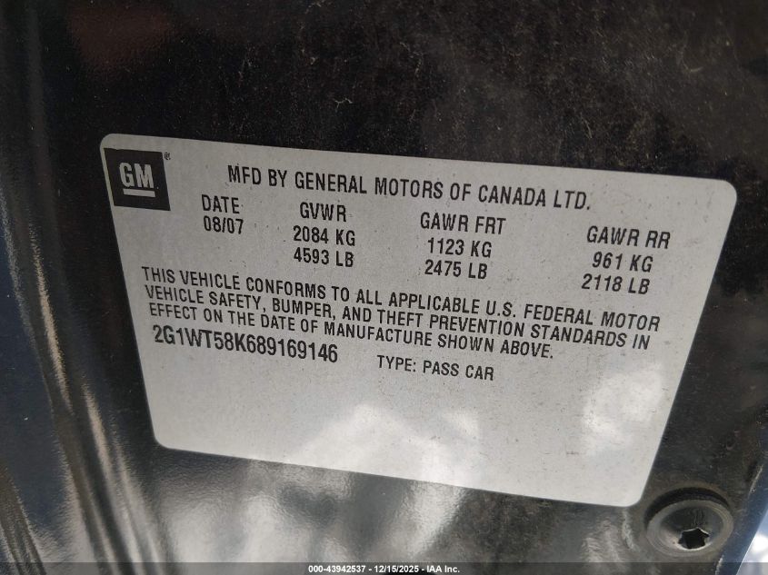 2008 Chevrolet Impala Lt VIN: 2G1WT58K689169146 Lot: 43942537