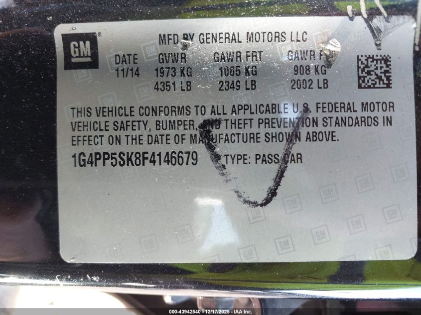 2015 Buick Verano VIN: 1G4PP5SK8F4146679 Lot: 43942540