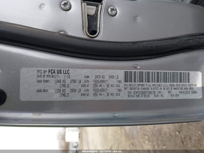 2016 Dodge Journey Sxt VIN: 3C4PDCBG5GT206135 Lot: 43942545