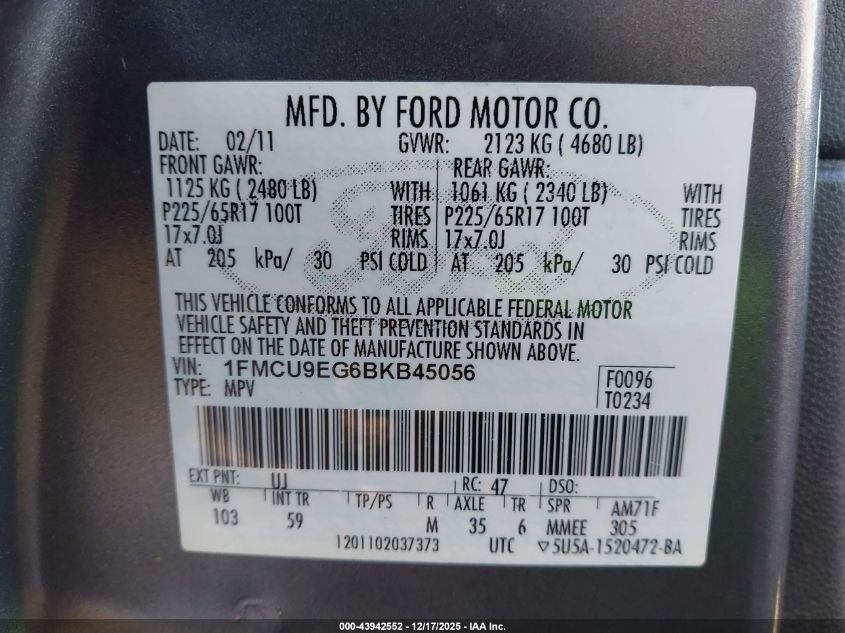 2011 Ford Escape Limited VIN: 1FMCU9EG6BKB45056 Lot: 43942552