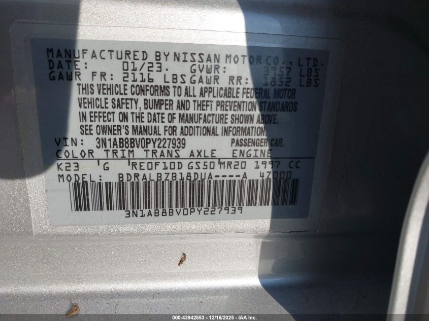 2023 Nissan Sentra S Xtronic Cvt VIN: 3N1AB8BV0PY227939 Lot: 43942553