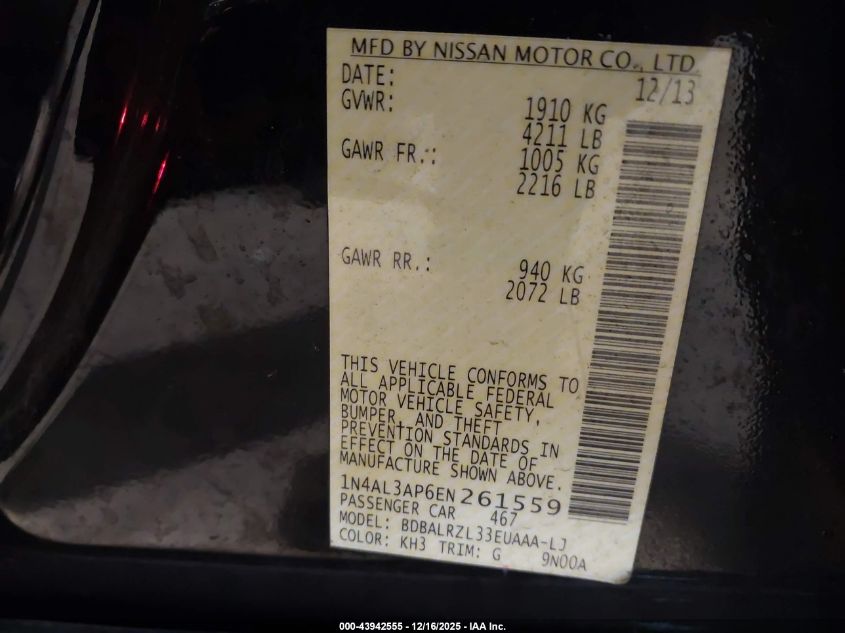 2014 Nissan Altima 2.5 S VIN: 1N4AL3AP6EN261559 Lot: 43942555