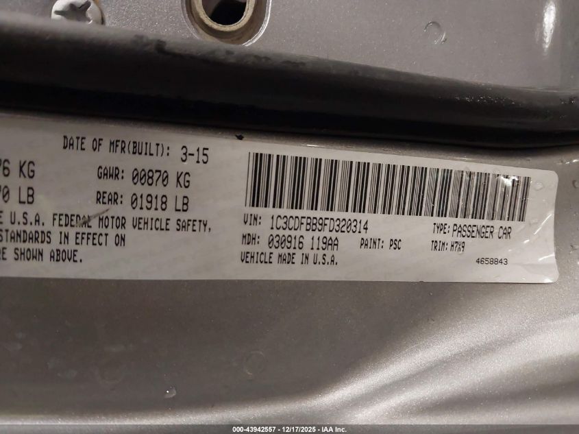 2015 Dodge Dart Sxt VIN: 1C3CDFBB9FD320314 Lot: 43942557