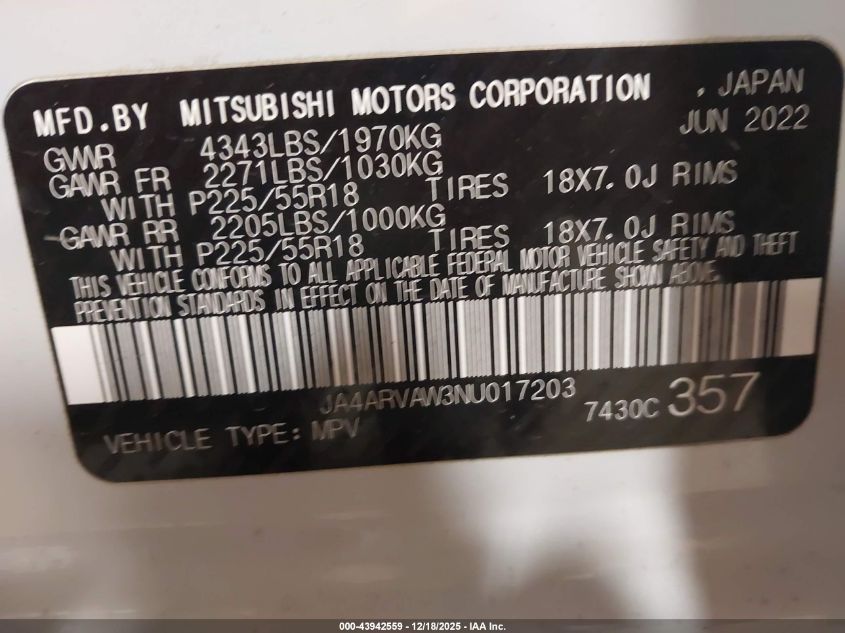 2022 Mitsubishi Outlander Sport 2.4 Gt Awc VIN: JA4ARVAW3NU017203 Lot: 43942559