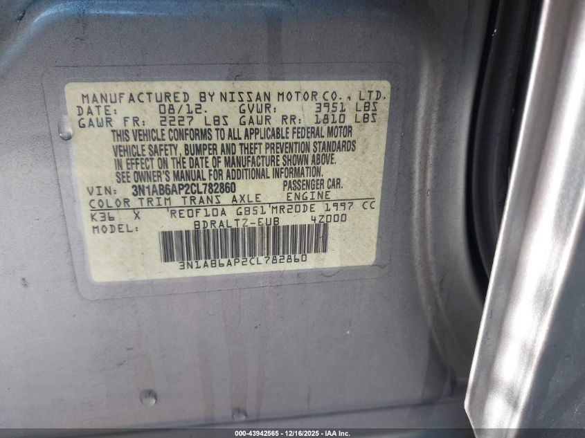 2012 Nissan Sentra 2.0 S VIN: 3N1AB6AP2CL782860 Lot: 43942565