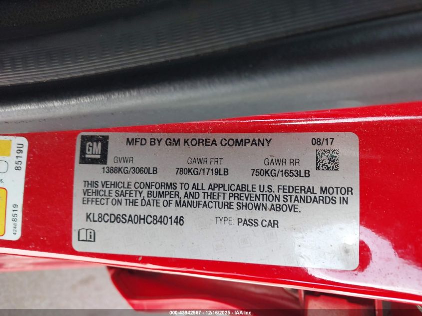 2017 Chevrolet Spark 1Lt Cvt VIN: KL8CD6SA0HC840146 Lot: 43942567