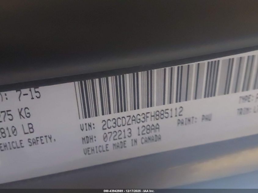 2015 Dodge Challenger Sxt VIN: 2C3CDZAG3FH885112 Lot: 43942569