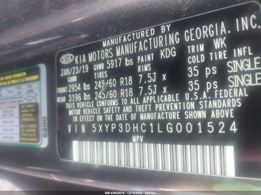 2020 Kia Telluride Ex VIN: 5XYP3DHC1LG001524 Lot: 43942576