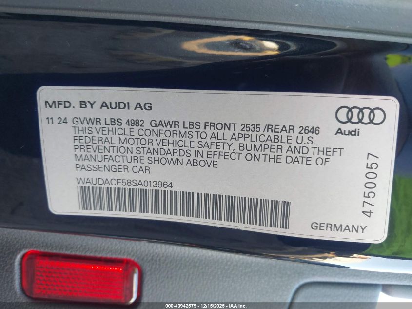 2025 Audi A5 Sportback Premium 45 Tfsi S Line Quattro S Tronic VIN: WAUDACF58SA013964 Lot: 43942579