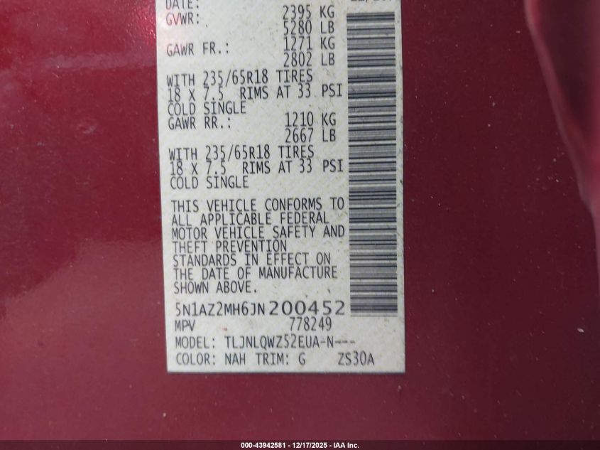 2018 Nissan Murano Sv VIN: 5N1AZ2MH6JN200452 Lot: 43942581