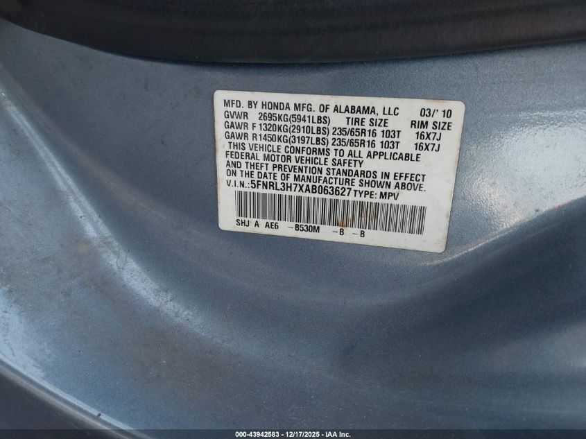 2010 Honda Odyssey Ex-L VIN: 5FNRL3H7XAB063627 Lot: 43942583