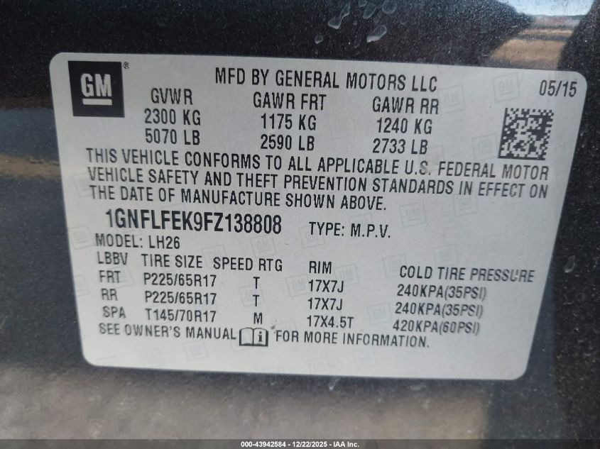 2015 Chevrolet Equinox 1Lt VIN: 1GNFLFEK9FZ138808 Lot: 43942584