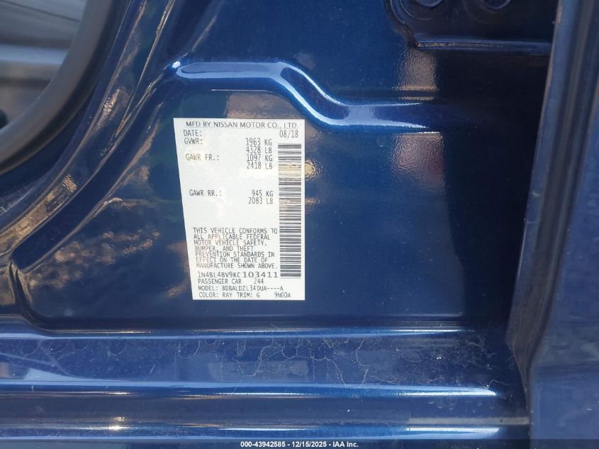 2019 Nissan Altima 2.5 S VIN: 1N4BL4BV9KC103411 Lot: 43942585